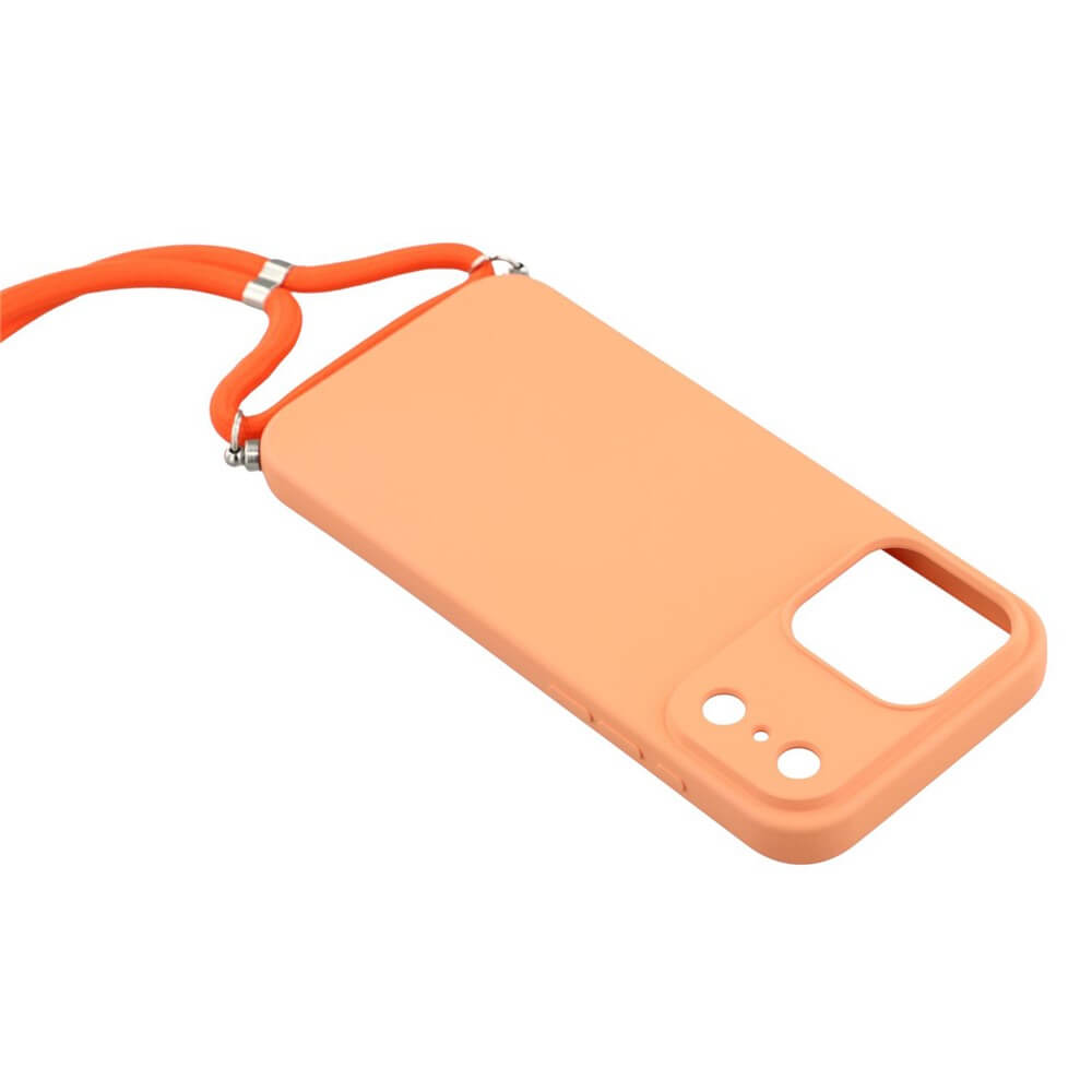 Die Cover-Discount iPhone 17 Pro Max - Hülle mit Umhängeband in Pfirsichfarbe wird mit orangefarbenem Lanyard auf weißem Hintergrund präsentiert.