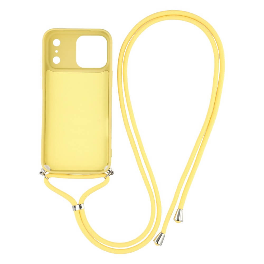 Die Cover-Discount iPhone 17 Pro Max - Hülle mit Umhängeband in Gelb bietet stylischen TPU-Schutz und ermöglicht bequemes, handfreies Tragen.