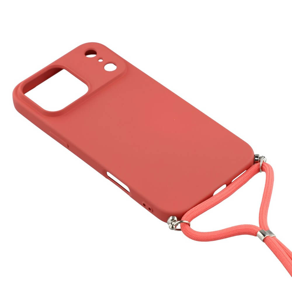Die iPhone 17 Pro Max - Hülle mit Umhängeband von Cover-Discount in Korallenrosa wird auf weißem Hintergrund präsentiert.