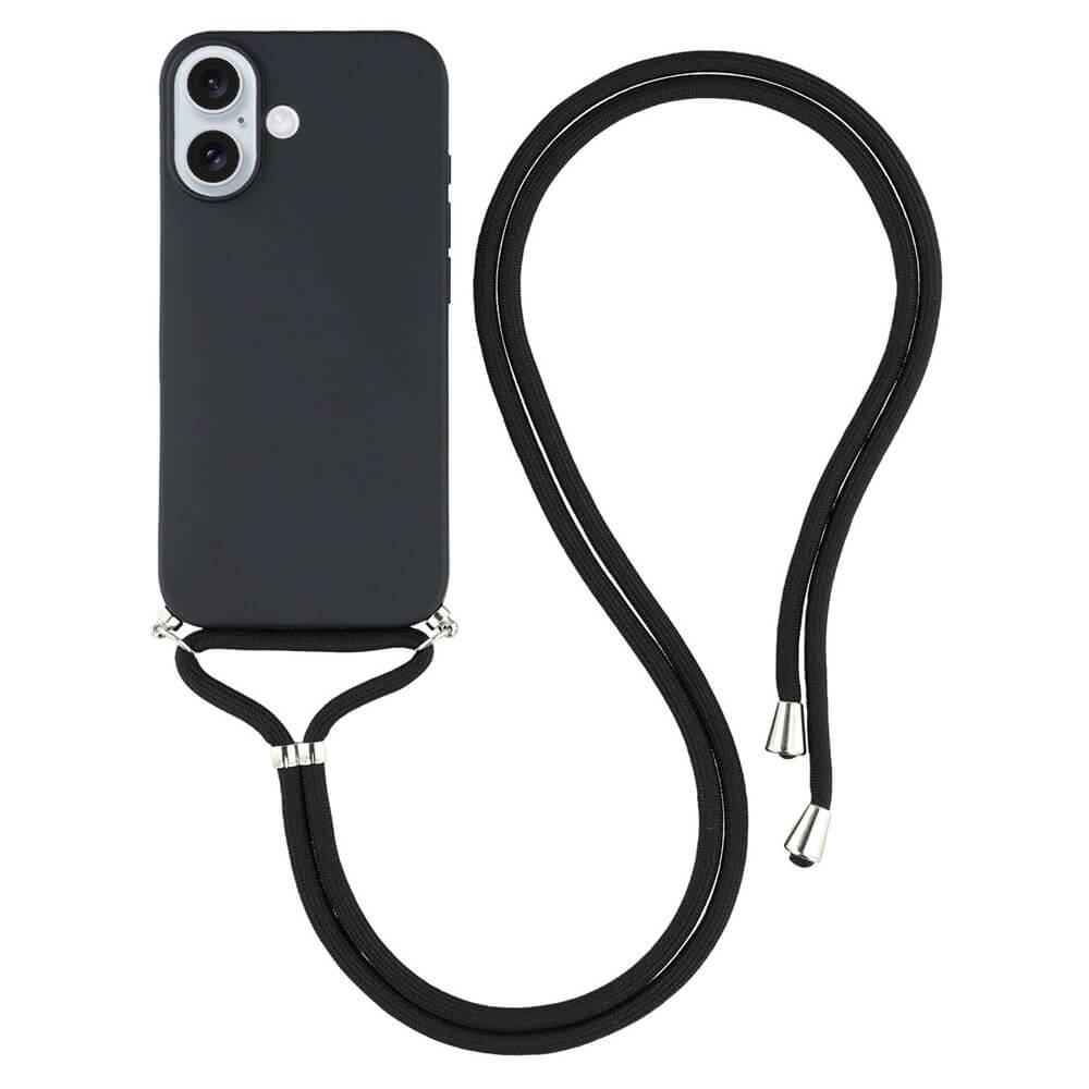 Cover-Discount's iPhone 17 - Hülle mit Umhängeband in Schwarz schützt Ihr Handy mit TPU-Hülle, Handykette und silbernen Endkappen - ideal für das iPhone 17 mit Dual-Kamera.