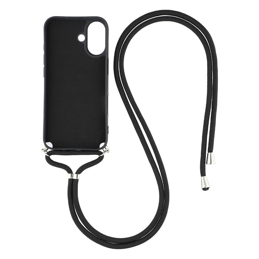 Die Cover-Discount iPhone 17 - Hülle mit Umhängeband ist eine schwarze TPU-Hülle mit einem angebrachten langen schwarzen Umhängeband mit silbernen Metallenden, die flach auf einem weißen Hintergrund abgebildet ist.