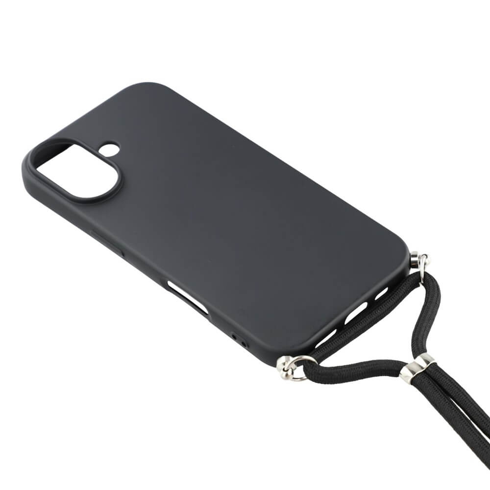 Die iPhone 17 - Hülle mit Umhängeband von Cover-Discount ist eine schlanke schwarze TPU-Handyhülle mit praktischem Handykette-Lanyard, präsentiert auf weißem Hintergrund.