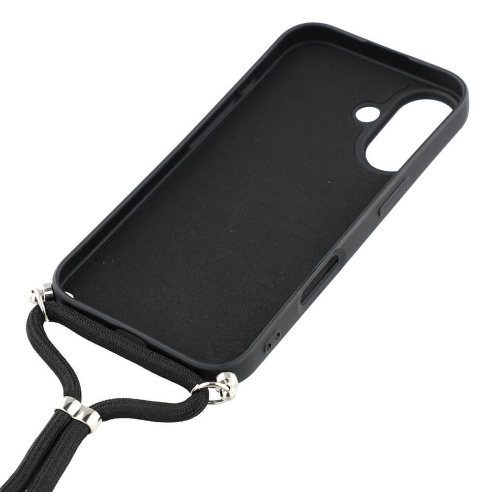 Die Cover-Discount iPhone 17 - Hülle mit Umhängeband, aus schwarzem TPU mit Handykette und Metallverbindern, ist schräg auf weißem Hintergrund abgebildet.