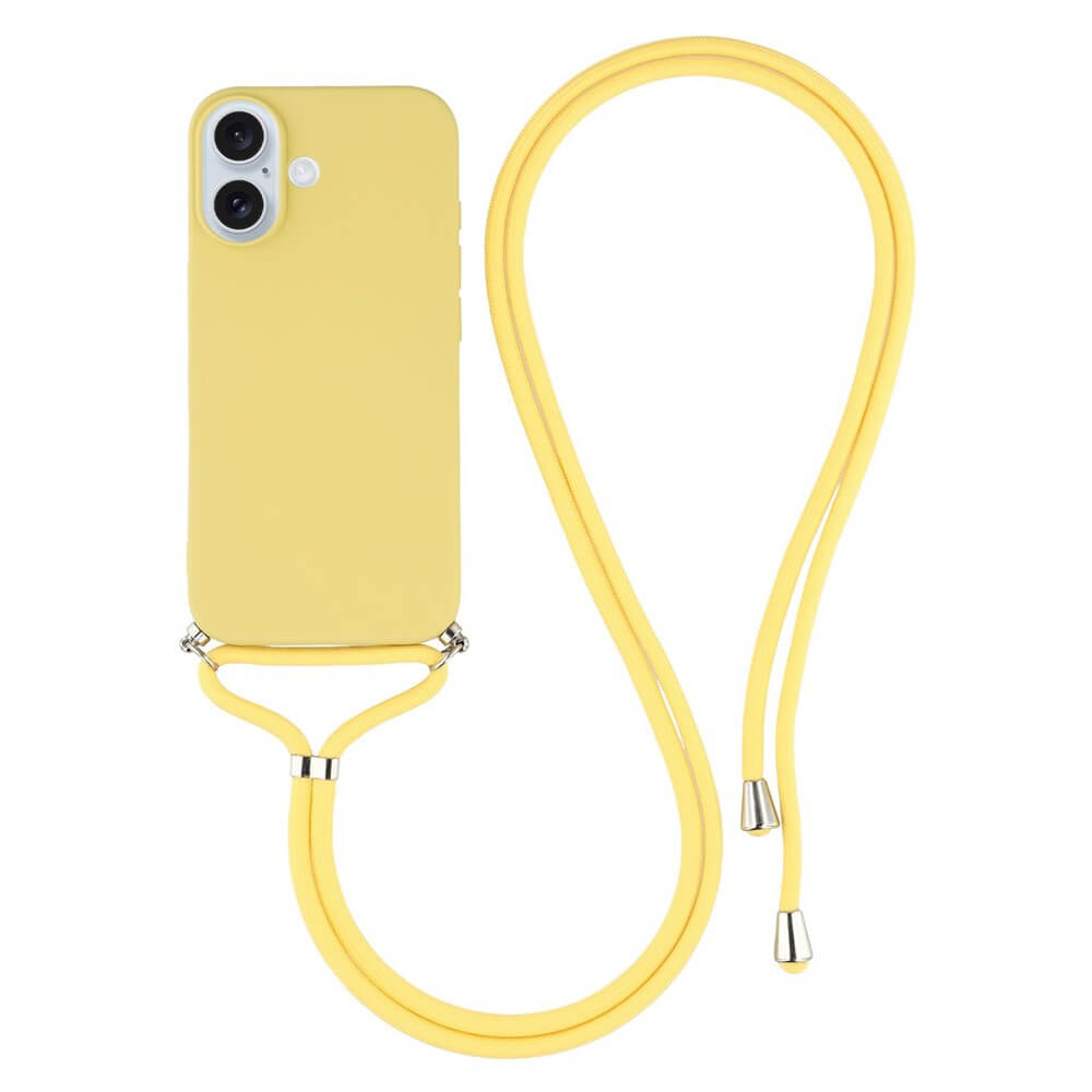 Die Cover-Discount iPhone 17 - Hülle mit Umhängeband aus gelbem TPU präsentiert sich elegant auf weißem Hintergrund - ideal, um Ihr Gerät stilvoll und sicher aufzubewahren.