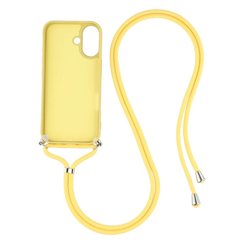 Die Cover-Discount iPhone 17 - Hülle mit Umhängeband besteht aus einer gelben TPU-Hülle mit passendem langen Riemen und silbernen Metalldetails, die ein stilvolles freihändiges Tragen ermöglicht.