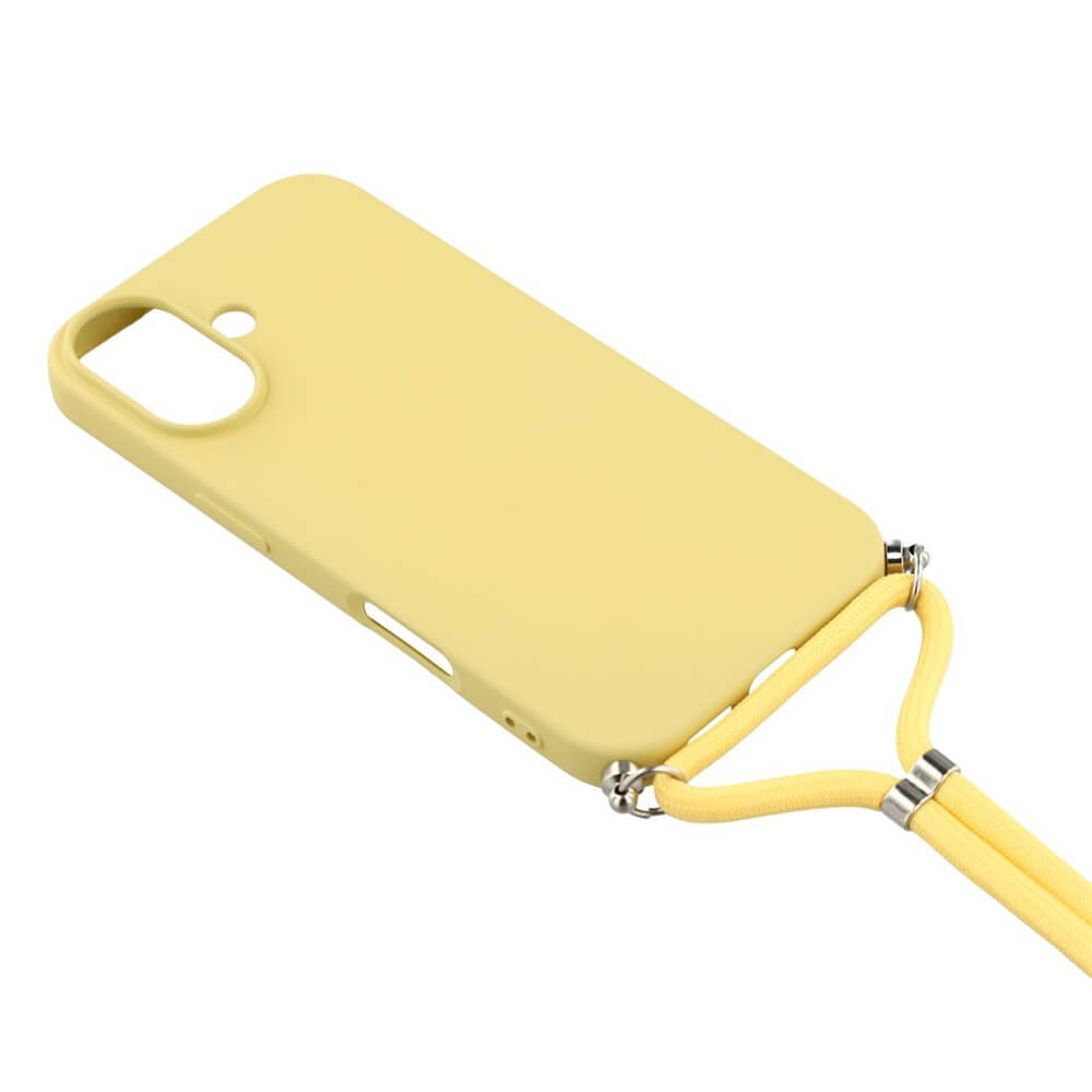 Die iPhone 17 - Hülle mit Umhängeband von Cover-Discount besteht aus robustem TPU, hat eine passende gelbe Handykette und ist auf weißem Hintergrund abgebildet.