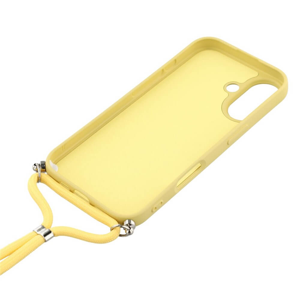 Die Cover-Discount iPhone 17 - Hülle mit Umhängeband in Gelb wird für Smartphones präsentiert und auf weißem Hintergrund gezeigt.