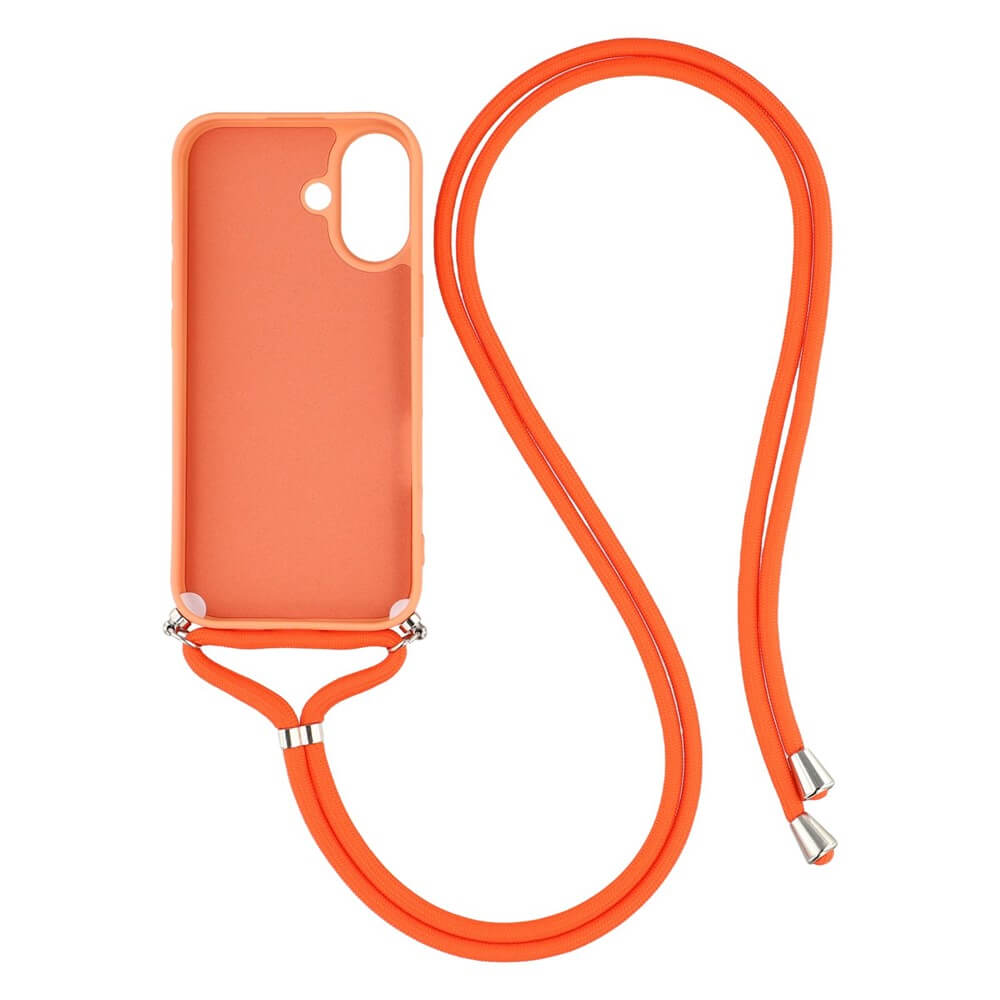 Cover-Discount iPhone 17 - Hülle mit Umhängeband in Orange, lange Kette mit metallischen Endkappen, präsentiert auf weißem Hintergrund.