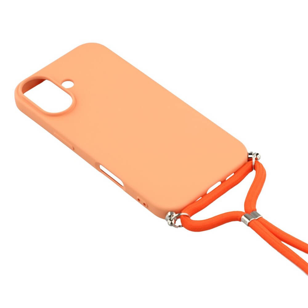 Die Cover-Discount iPhone 17 - Hülle mit Umhängeband aus pfirsichfarbenem TPU verfügt über eine angebrachte orangefarbene Handykette und ist von hinten und von der Seite abgebildet.