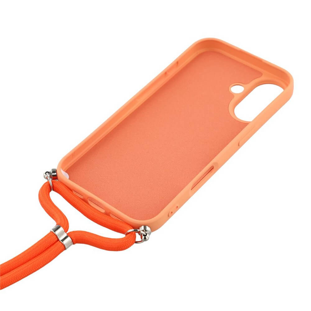 Die Cover-Discount iPhone 17 - Hülle mit Umhängeband ist eine orange TPU Handyhülle mit Kette, passend für Smartphones mit Dual-Kamera.