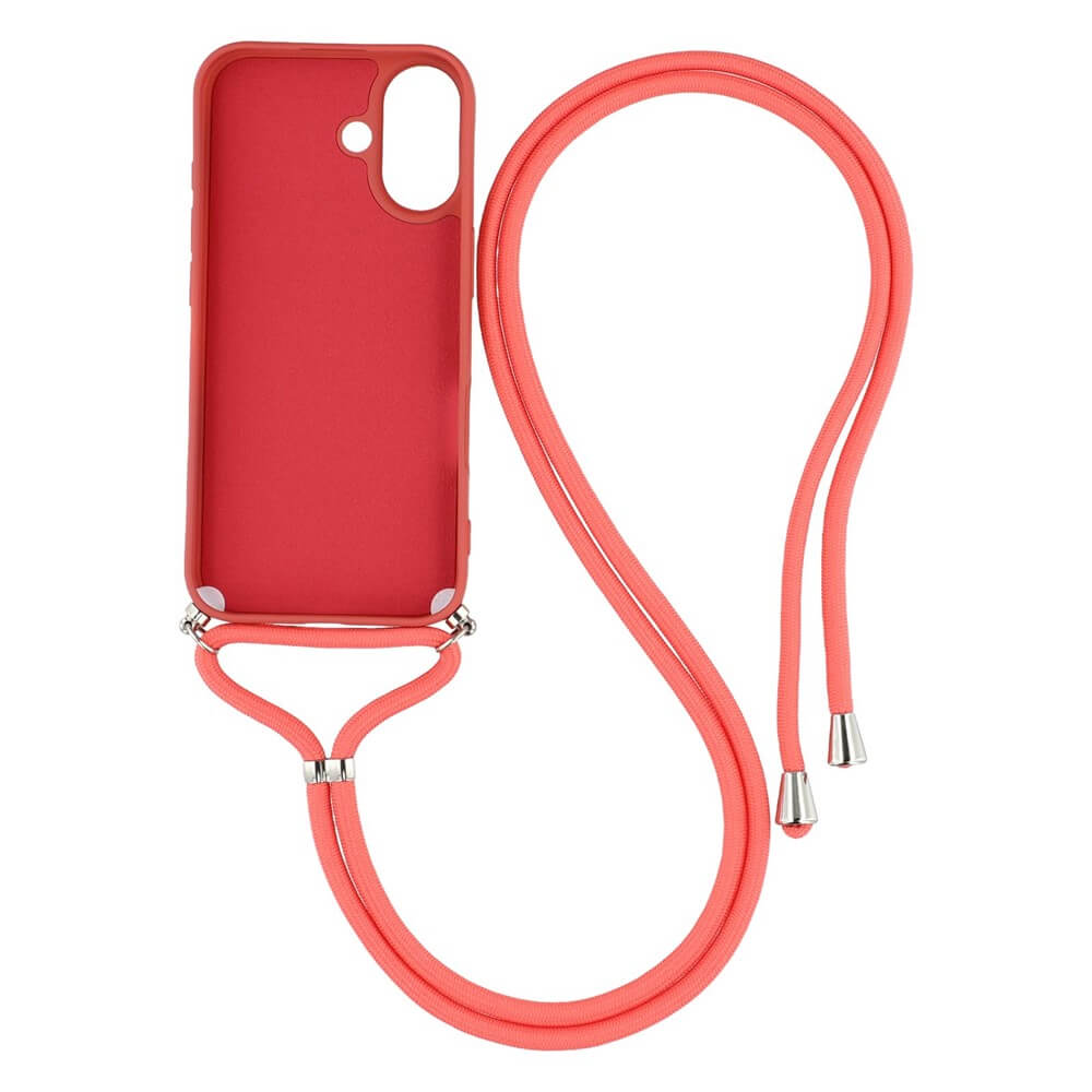 Die Cover-Discount iPhone 17 - Hülle mit Umhängeband, aus robustem TPU gefertigt, ist in Rot mit passender Handykette auf weißem Hintergrund zu sehen.