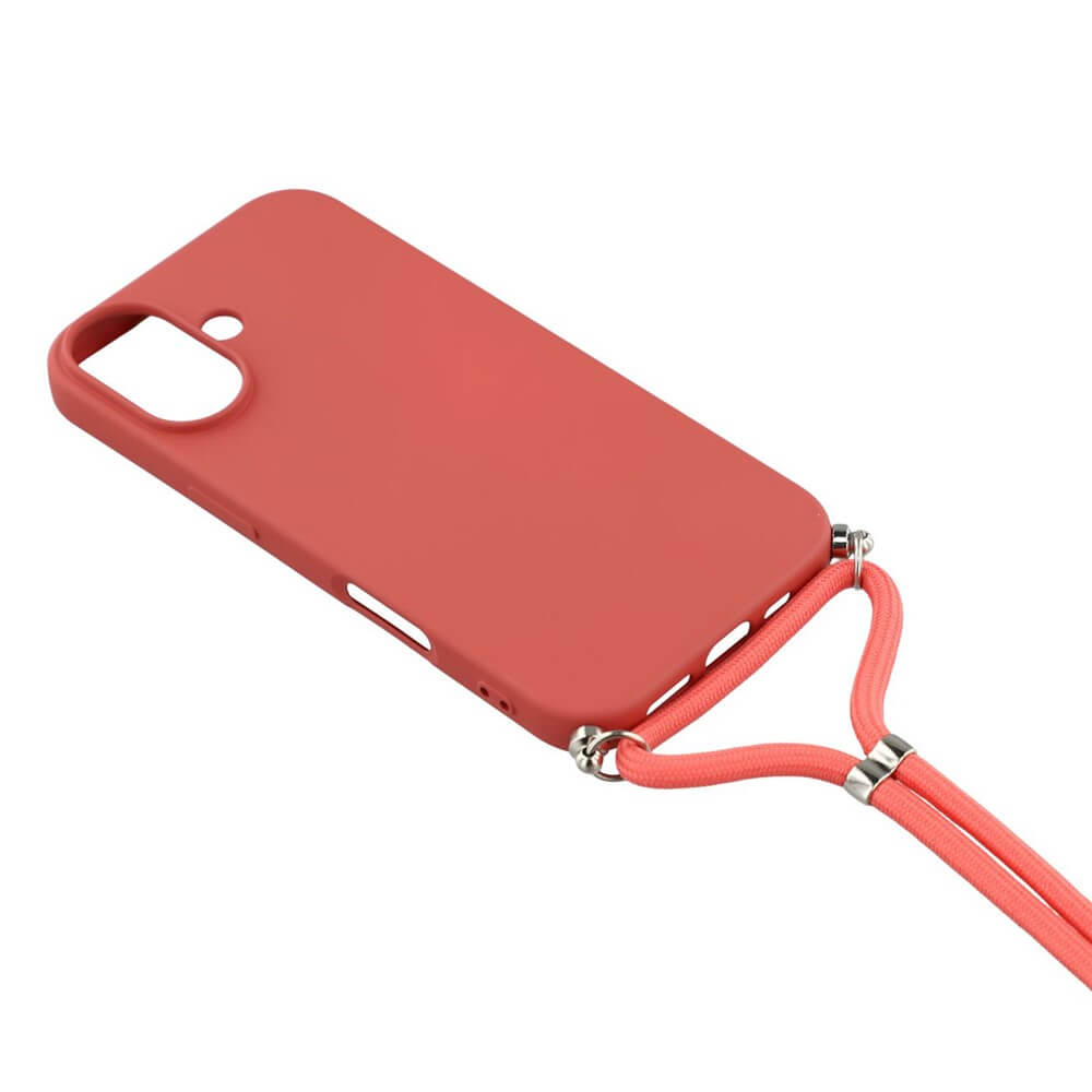 Die iPhone 17 - Hülle mit Umhängeband von Cover-Discount in Korallpink ist an den unteren Ecken befestigt und wird auf weißem Hintergrund präsentiert.