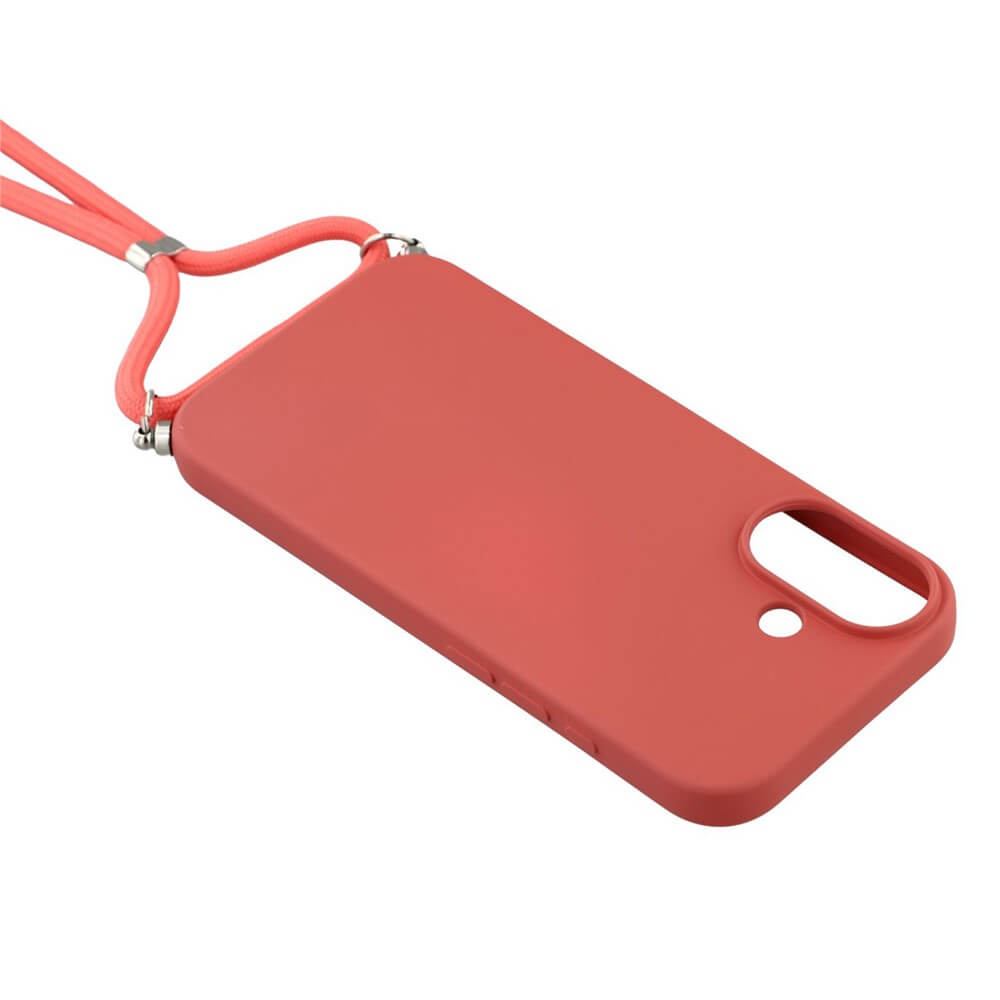 Die Cover-Discount iPhone 17 - Hülle mit Umhängeband ist eine rote TPU-Hülle mit passendem Umhängeband, speziell designt für Dual-Kamera und Fingerabdrucksensor.