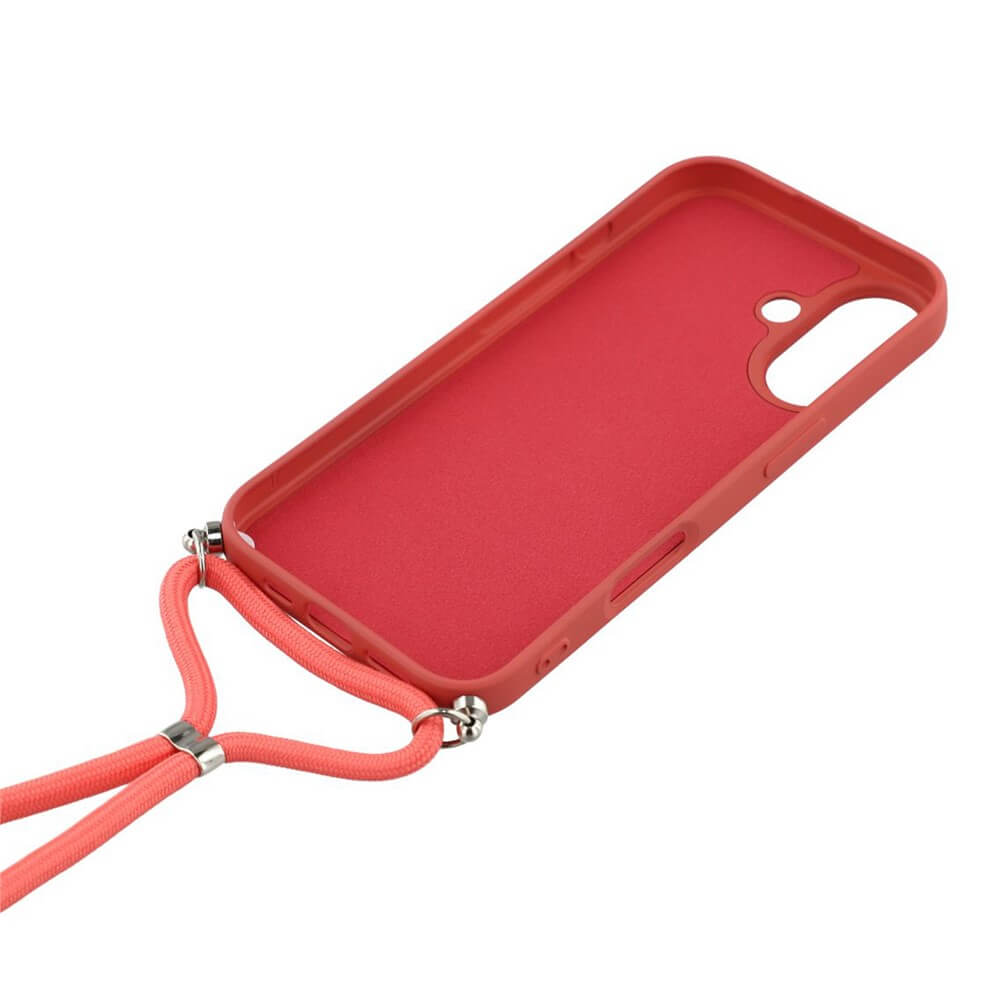 The Cover-Discount iPhone 17 - Hülle mit Umhängeband in Rot, aus präzise gefertigtem TPU-Silikon, bietet einfachen Zugang zu Kamera und Tasten. Schützende Schale wird mit passender Handykette schräg präsentiert.