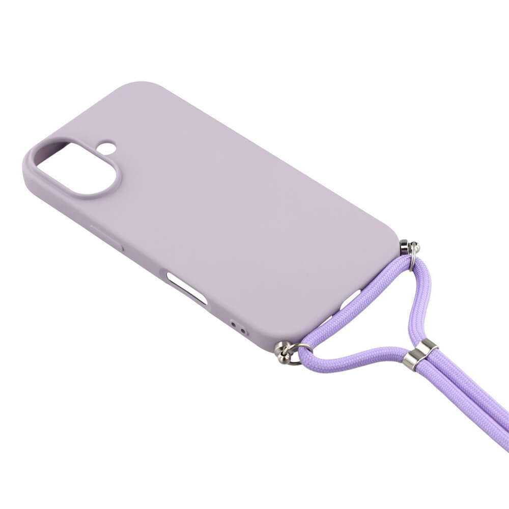 Die Cover-Discount iPhone 17 - Hülle mit Umhängeband aus hellviolettem TPU verfügt über eine passende Handykette, die an einer Ecke angebracht ist und auf einem weißen Hintergrund abgebildet wird.