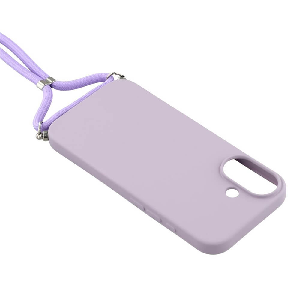 Die iPhone 17 - Hülle mit Umhängeband von Cover-Discount in Helllila TPU wird mit passender Handykette auf weißem Hintergrund präsentiert.
