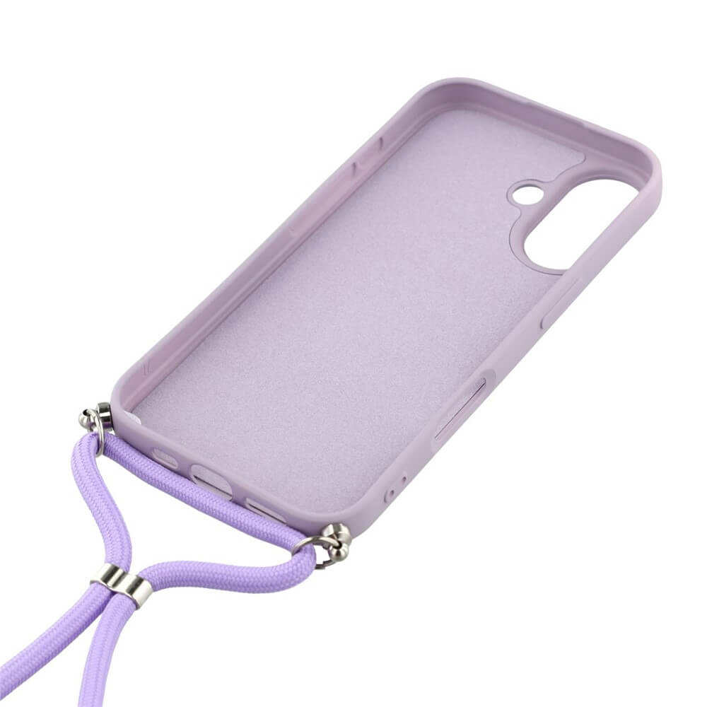 Die schräge Draufsicht zeigt die iPhone 17 - Hülle mit Umhängeband von Cover-Discount in hellviolettem TPU mit einer passenden Handykette.