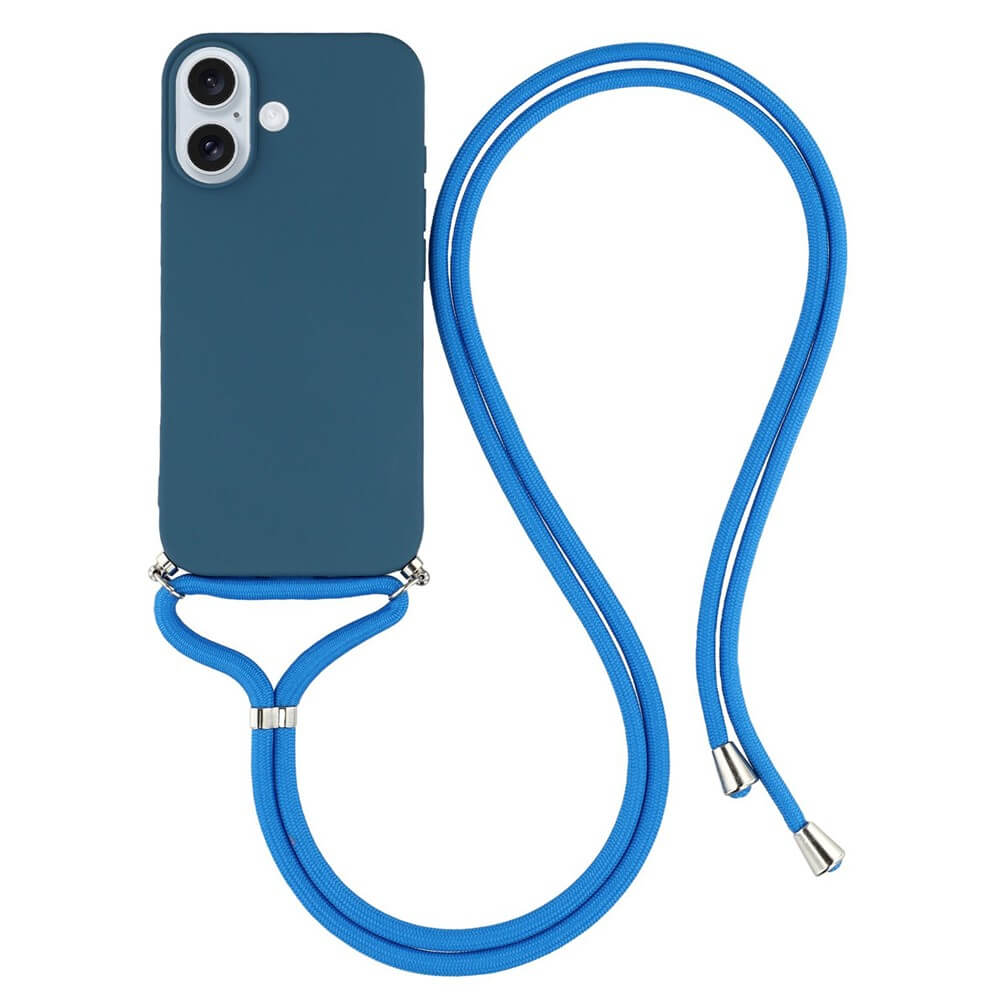 Die Cover-Discount iPhone 17 - Hülle mit Umhängeband verfügt über eine blaue TPU Silikonhülle und eine lange blaue Handykette, perfekt isoliert auf weißem Hintergrund.