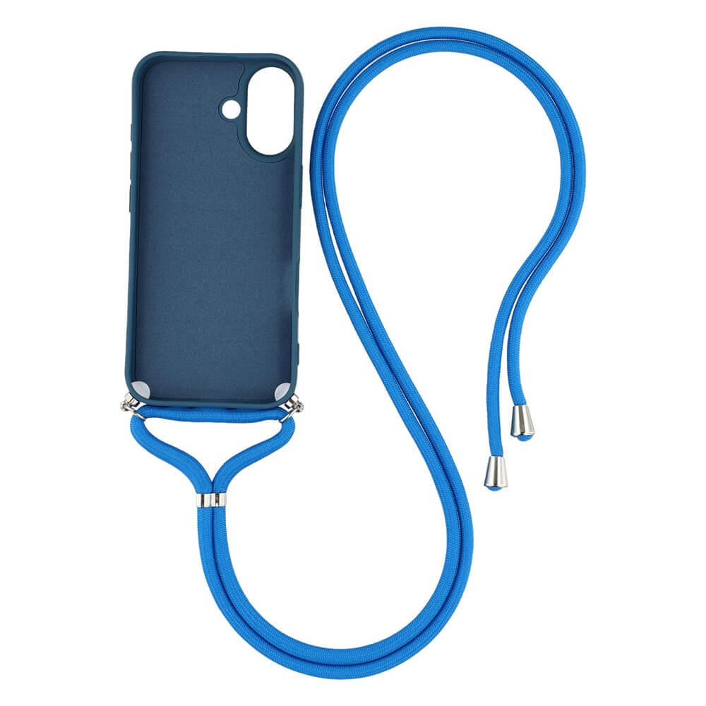 Die Cover-Discount iPhone 17 - Hülle mit Umhängeband aus TPU-Silikon liegt mit passender Kette flach auf weißem Untergrund.