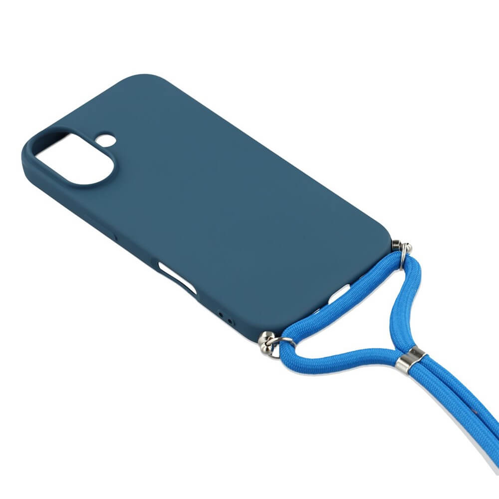 Das Cover-Discount iPhone 17 - Hülle mit Umhängeband in Blau ist auf weißem Hintergrund abgebildet.