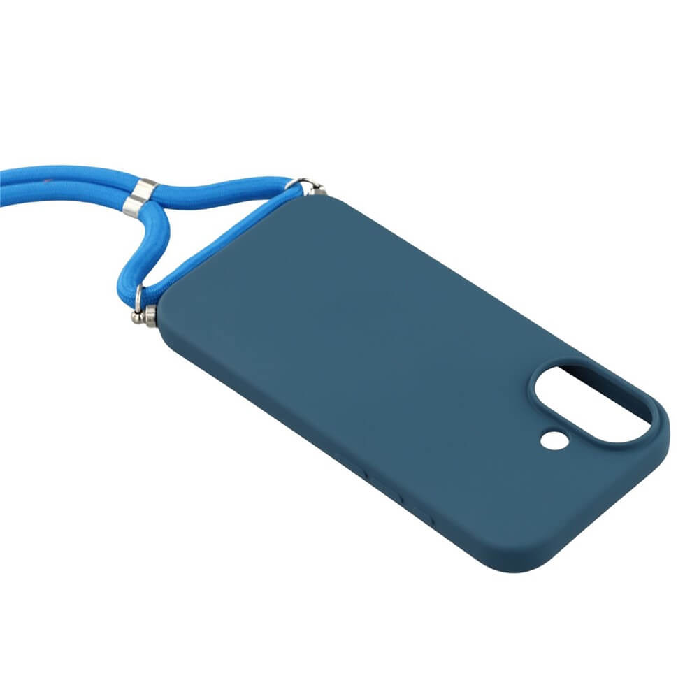 Cover-Discount iPhone 17 - Hülle mit Umhängeband: Blaue TPU Silikonhülle mit passender blauer Handykette, abgebildet auf weißem Hintergrund.