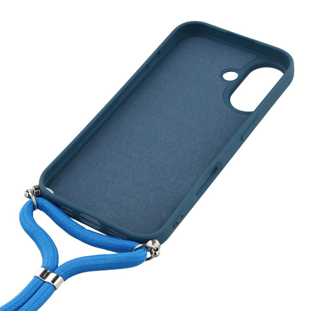 Die Cover-Discount iPhone 17 - Hülle mit Umhängeband in Dunkelblau besteht aus robustem TPU Silikon und verfügt über ein passendes Umhängeband, das sicher an den unteren Ecken befestigt ist.