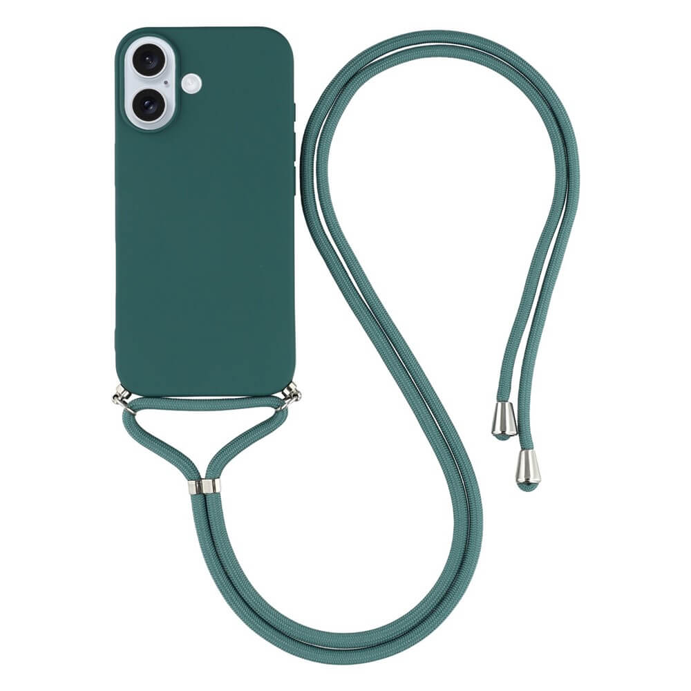 Die Cover-Discount iPhone 17 - Hülle mit Umhängeband in Dunkelgrün aus TPU Silikon liegt mit passendem Umhängeband auf weißem Hintergrund.