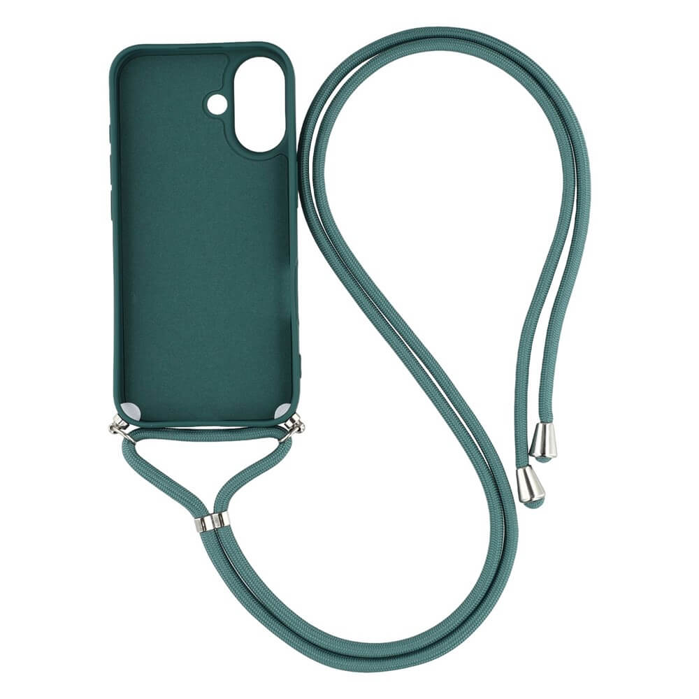Die Cover-Discount iPhone 17 - Hülle mit Umhängeband ist eine tealfarbene TPU-Hülle mit silbernen Akzenten und einem passenden langen Band, perfekt als stylische Handykette zum Umhängen.