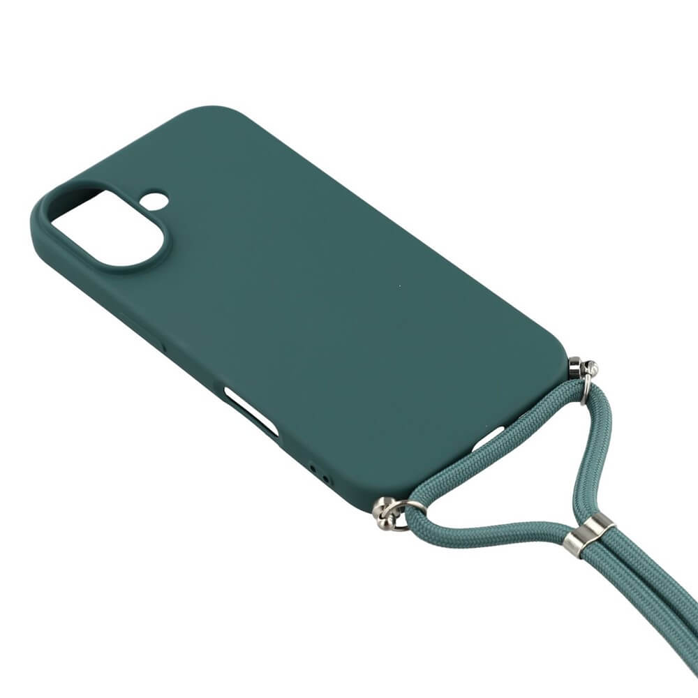 Die Cover-Discount iPhone 17 - Hülle mit Umhängeband aus TPU wird stilvoll vor weißem Hintergrund präsentiert.
