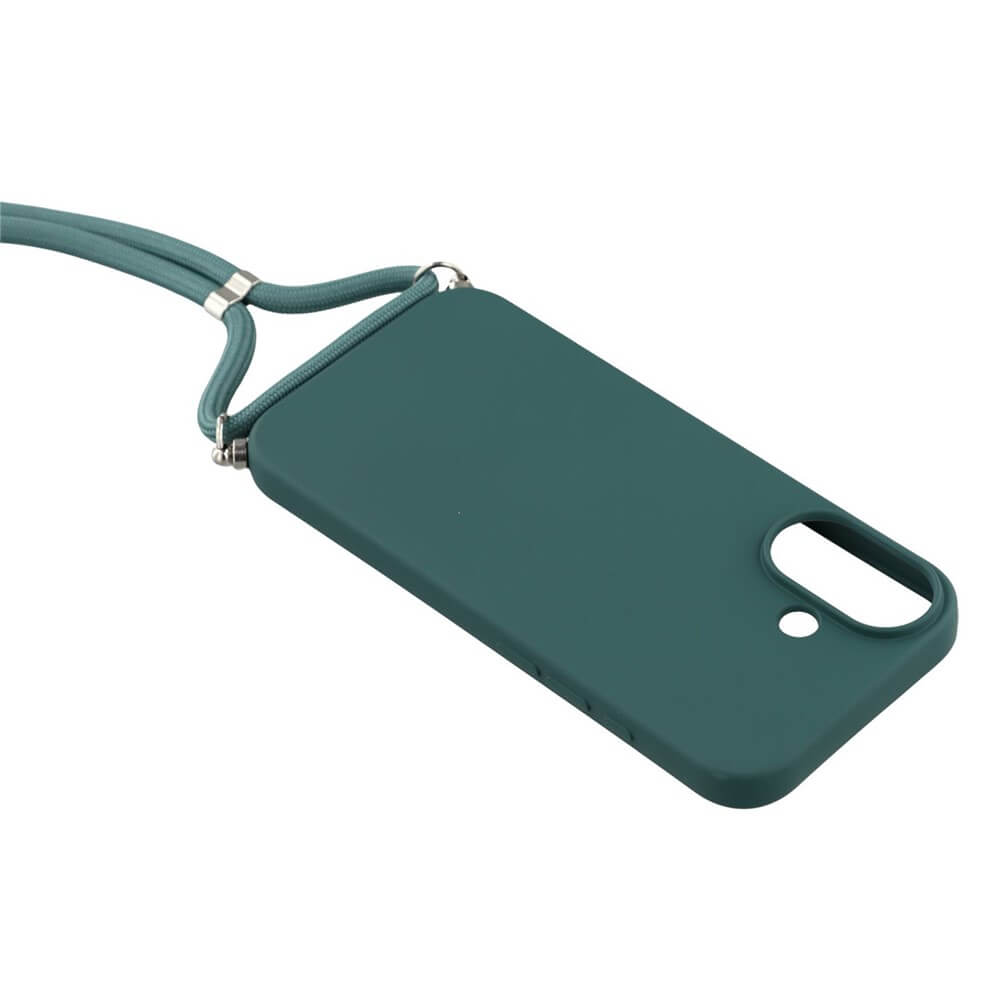 Cover-Discount iPhone 17 - Hülle mit Umhängeband: Teal TPU-Silikonhülle mit passendem Band, befestigt an den oberen Ecken, auf weißem Hintergrund.
