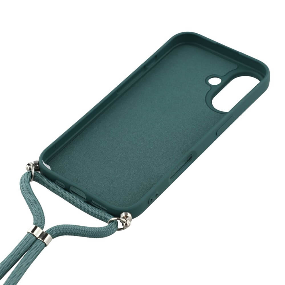 Die Cover-Discount iPhone 17 - Hülle mit Umhängeband in Teal verfügt über robuste Metallverschlüsse und eine passende Handykette, hier aus der schrägen Perspektive.