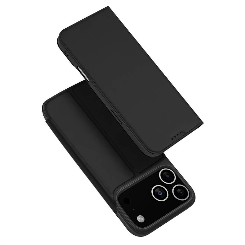 #farbe_schwarz|Ein teilweise geöffnetes Dux Ducis Skin Pro Flip Case offenbart das iPhone 17 Pro Max mit seinen dreifachen Kameralinsen.