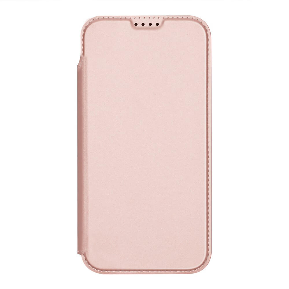 Ein geschlossenes, hellrosa Dux Ducis Skin Pro Flip Case für iPhone 17 Pro Max, mit abgerundeten Kanten, wird von vorne vor einem weißen Hintergrund gezeigt.