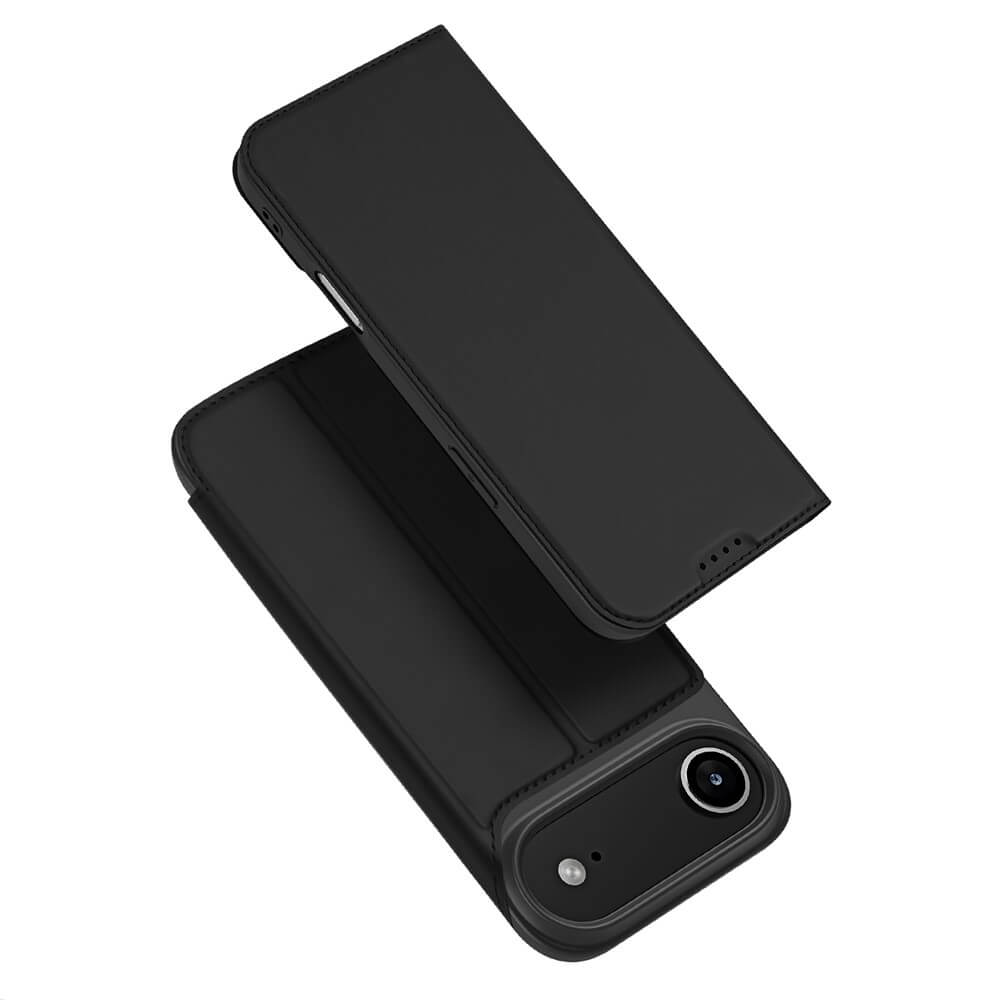 #farbe_schwarz|Das Dux Ducis Skin Pro Flip Case für iPhone 17 Air wird geöffnet gezeigt, wobei das Gerät teilweise im Inneren sichtbar wird.