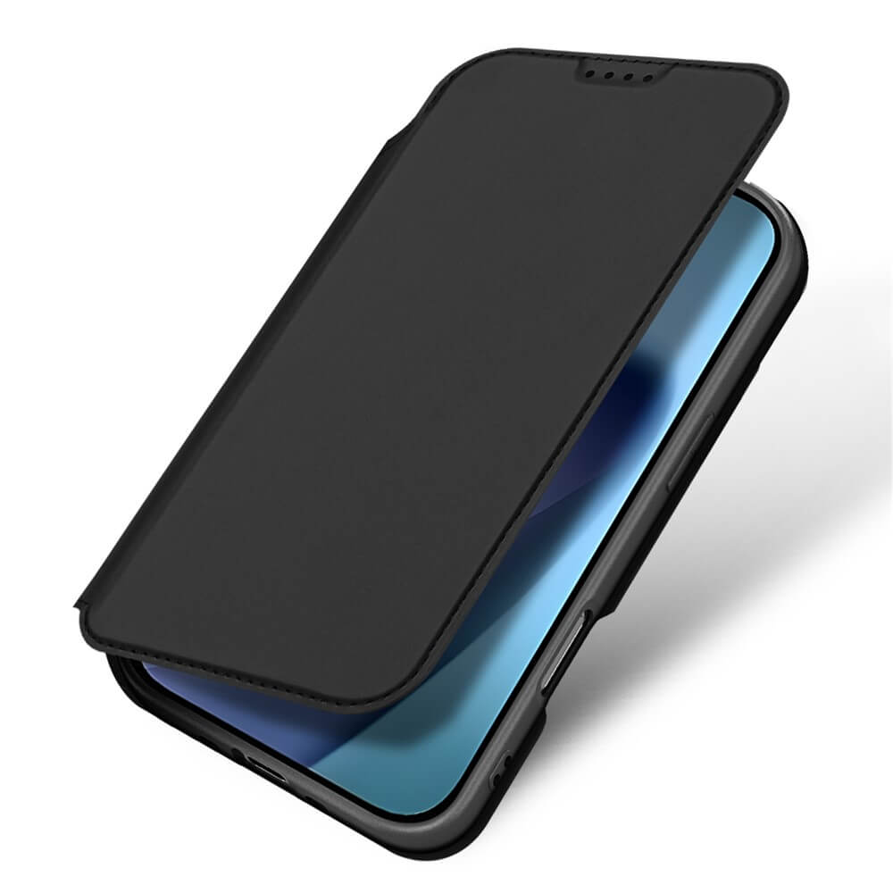 Das iPhone 17 Air in einem teilweise geöffneten, schwarzen Dux Ducis Skin Pro Flip Case - stilvoller und dauerhafter Schutz von Dux Ducis für Ihr Gerät.