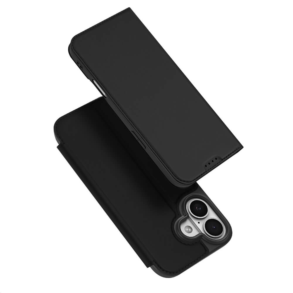 #farbe_schwarz|Das Dux Ducis Skin Pro Flip Case für das iPhone 17 ist teilweise geöffnet und gibt den Blick auf die Dual-Kamera des Telefons frei.