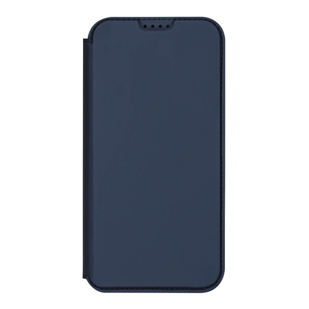 Das dunkelblaue Dux Ducis Skin Pro Flip Case für das iPhone 17 ist mit der Frontabdeckung geschlossen dargestellt und steht senkrecht vor einem weißen Hintergrund.