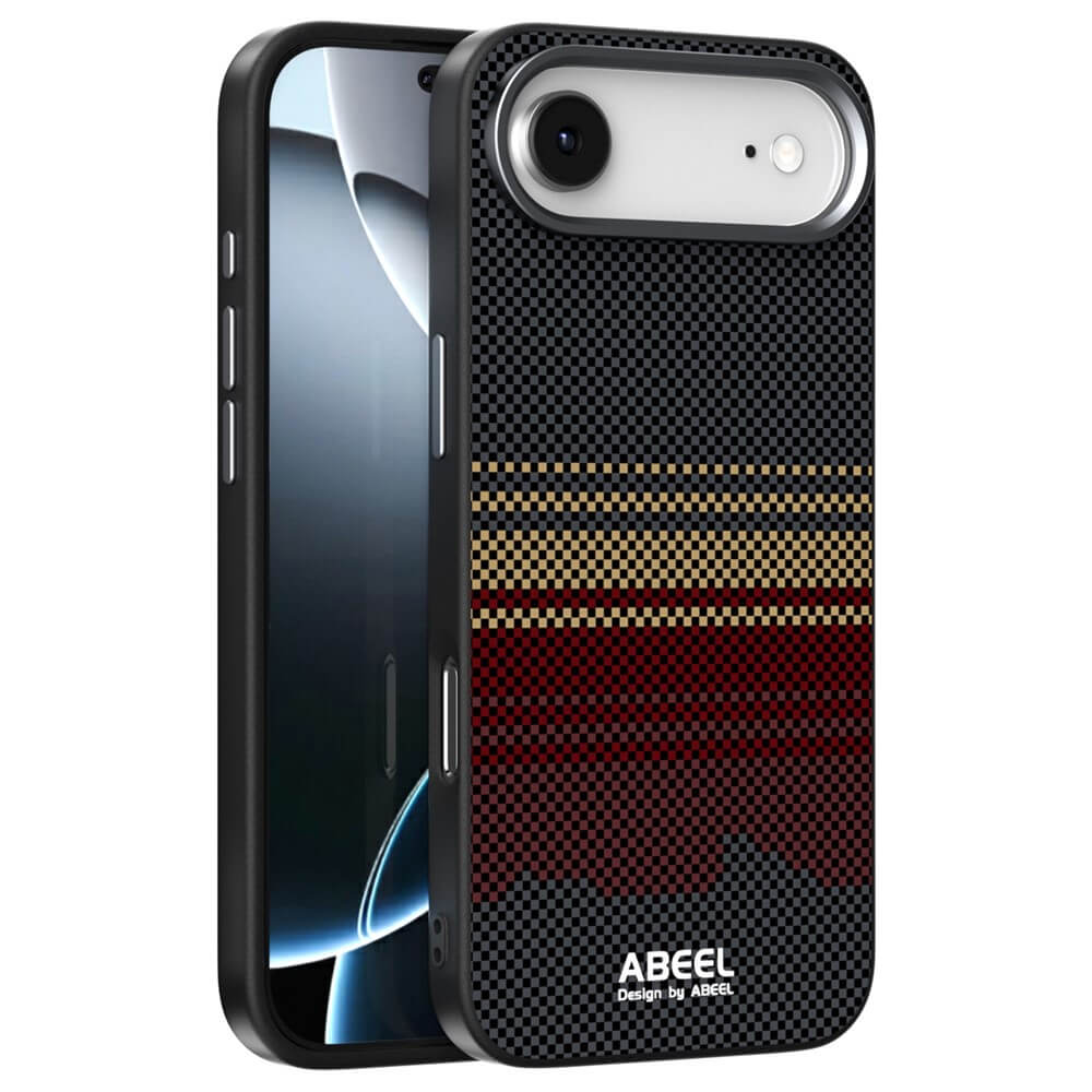 Ein iPhone 17 Air in einer schwarzen ABEEL Silikon Hülle mit Motiv, die ein strukturiertes Design mit roten, braunen und goldenen Streifen aufweist. Diese MagSafe-kompatible Hülle von ABEEL ermöglicht einfaches kabelloses Laden.