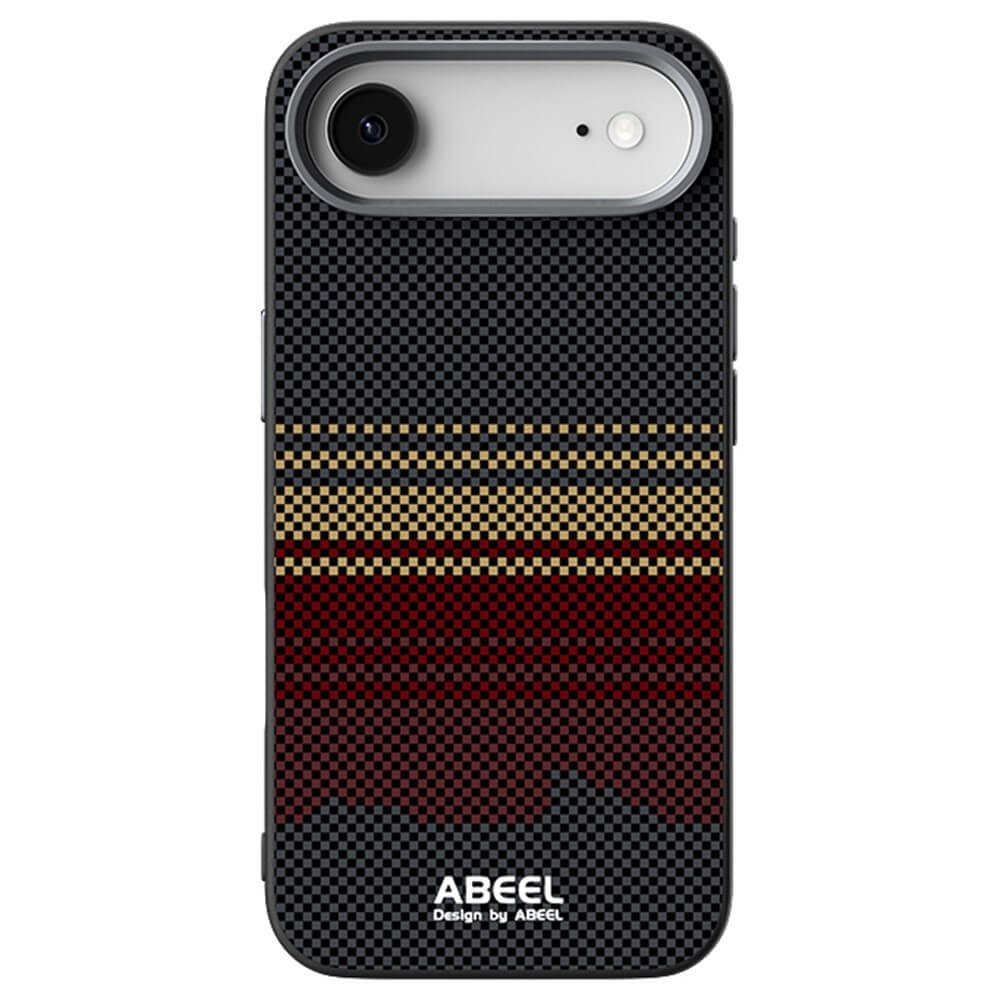 Stylisch und MagSafe-kompatibel: Die ABEEL Silikon Hülle für iPhone 17 Air überzeugt mit schwarzem Karo-Muster, roten und goldenen Streifen sowie ABEEL Design by ABEEL am unteren Rand.