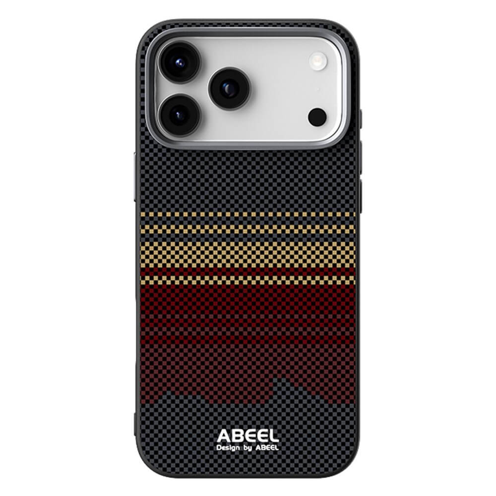 Die ABEEL Silikon Hülle mit Motiv für iPhone 17 Pro Max überzeugt mit schwarzem Grundton, roten, braunen und goldenen Streifen, Carbon-Fiber-Struktur, ABEEL Logo unten und MagSafe-Kompatibilität - stilvoller Schutz von ABEEL.