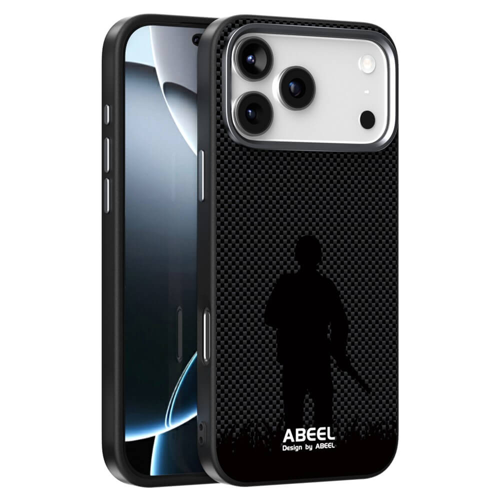 Die ABEEL Silikon Hülle mit Motiv für iPhone 17 Pro Max zeigt einen silhouettierten Soldaten und den ABEEL-Schriftzug, ist MagSafe-kompatibel und vereint Schutz sowie stylisches Design.