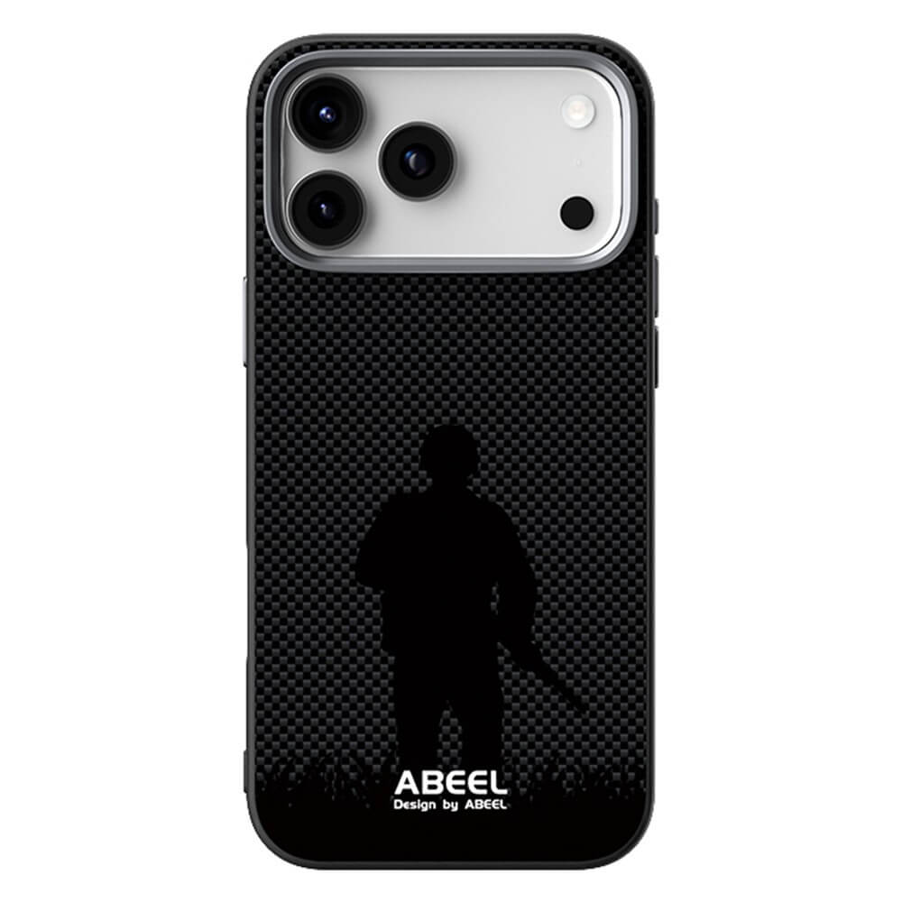 Die ABEEL Silikon Hülle für iPhone 17 Pro Max zeigt ein Person-mit-Gewehr-Motiv und ABEEL-Schriftzug, ist MagSafe-kompatibel und ermöglicht einfaches kabelloses Laden.
