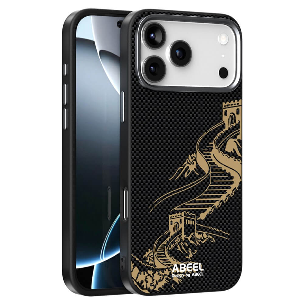Die ABEEL Silikon Hülle mit Motiv für das iPhone 17 Pro Max ist eine schwarze Hülle mit einem goldenen Great Wall of China Design, MagSafe kompatibel, stilvoll und so gestaltet, dass sie sicher auf Ihrem Smartphone sitzt.