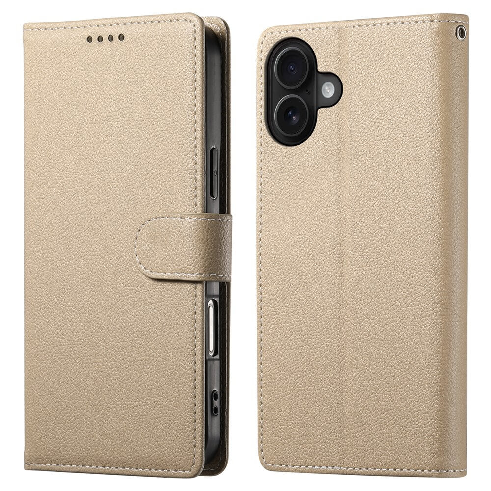 Die Cover-Discount iPhone 17 - Leder Etui Hülle Struktura Design wird als Klapphülle mit Brieftaschenfunktion gezeigt - offen und geschlossen, mit präzisen Aussparungen für Kamera und Seitentasten.