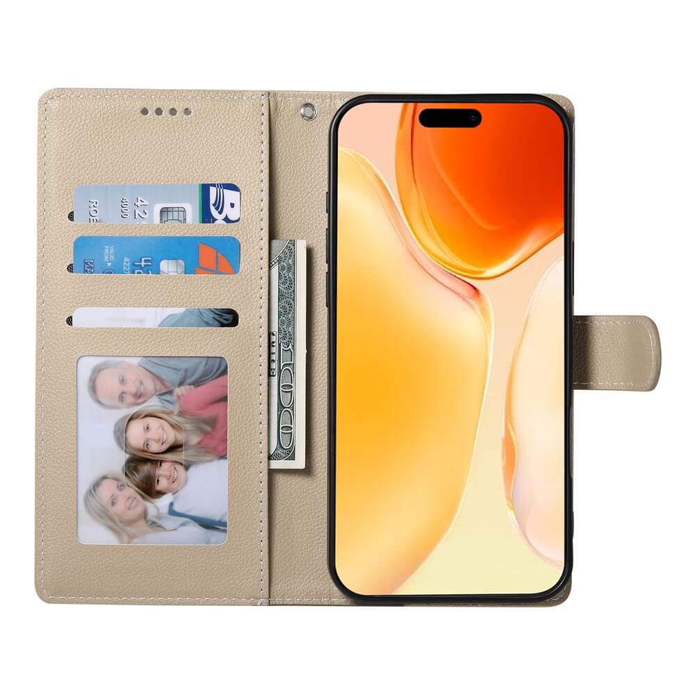 Das Cover-Discount iPhone 17 - Leder Etui Hülle Struktura Design in Beige bietet Kartenfächer, Platz für Bargeld und ein Foto, schützt Ihr Smartphone stilvoll und praktisch.
