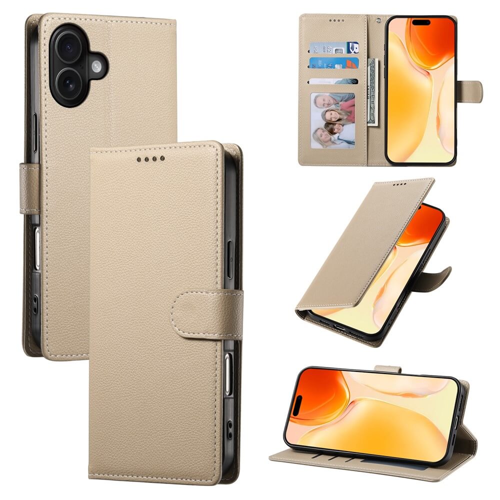 Die iPhone 17 - Leder Etui Hülle Struktura Design von Cover-Discount wird mit eingelegtem Handy aus verschiedenen Blickwinkeln gezeigt und bietet Klapphülle sowie Brieftaschenfunktion in elegantem Beige.