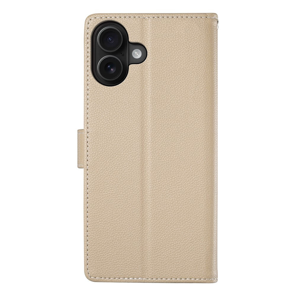 Das Cover-Discount iPhone 17 - Leder Etui Hülle Struktura Design in beigem Leder, mit sichtbarem Kameraausschnitt, von hinten gesehen.