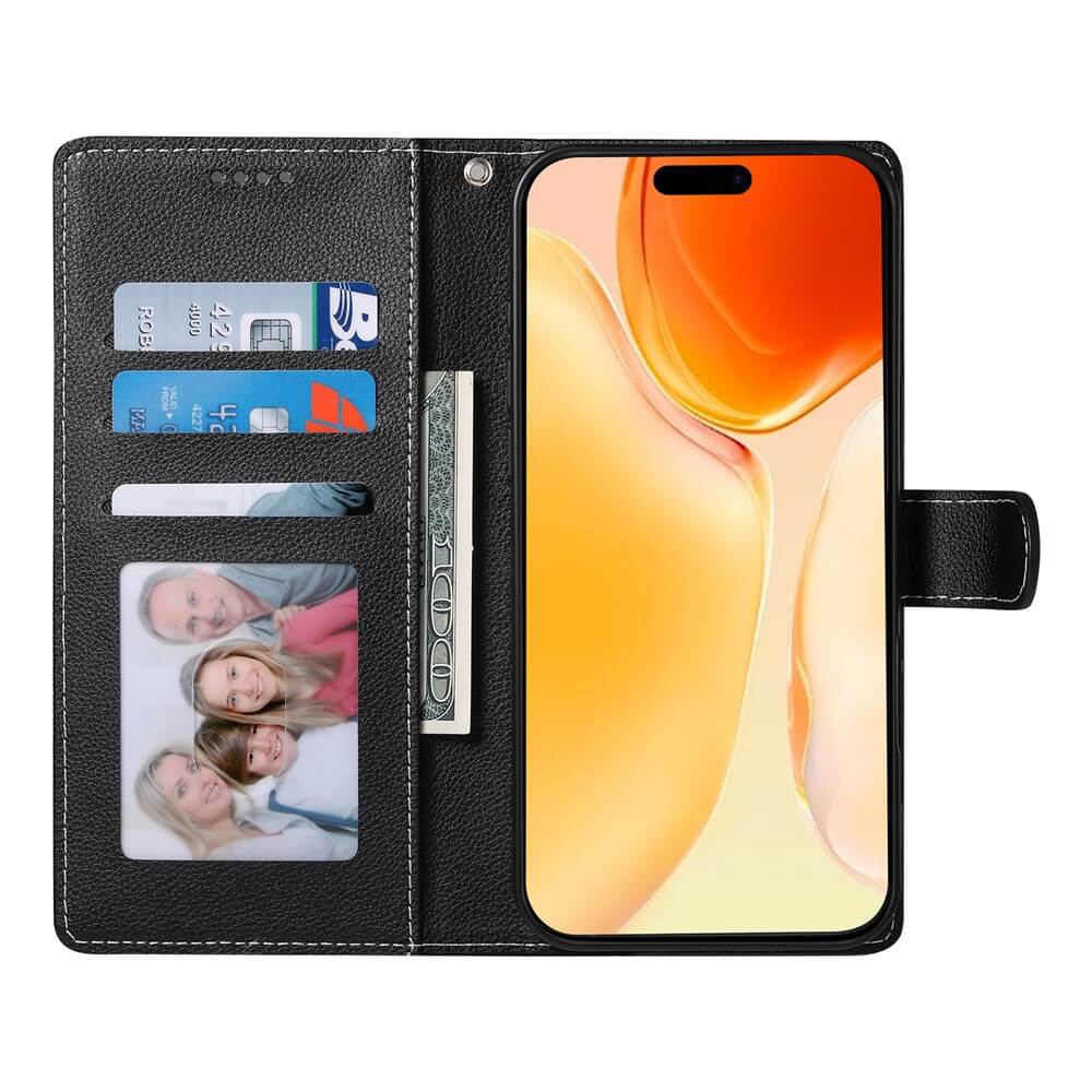 Open black iPhone 17 - Leder Etui Hülle Struktura Design von Cover-Discount mit Brieftaschenfunktion, hält Smartphone, Karten, Bargeld und ein Familienfoto.