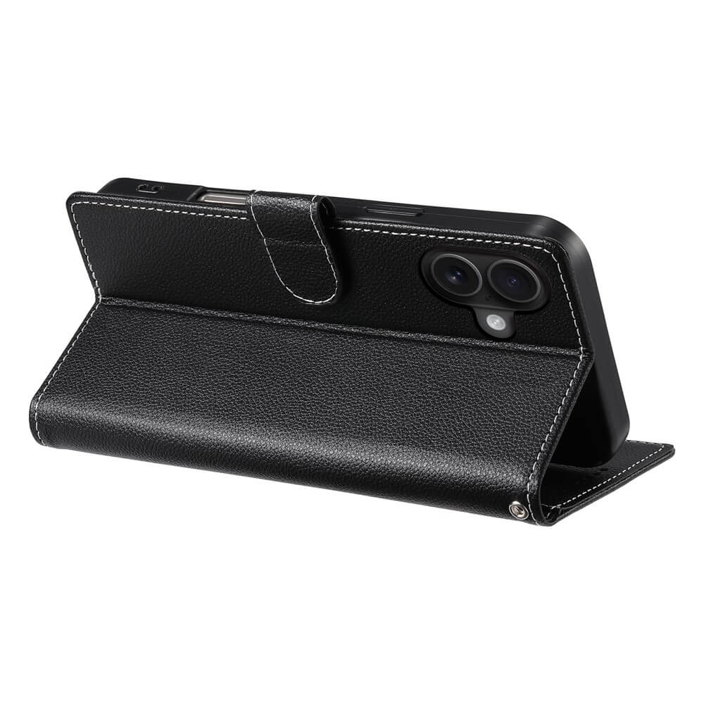 Das Cover-Discount iPhone 17 Leder Etui Hülle Struktura Design ist eine schwarze Ledertasche mit einer Standfunktion, um Ihr Telefon horizontal zu halten.