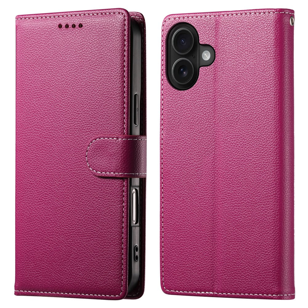 Cover-Discount iPhone 17 - Leder Etui Hülle Struktura Design, lila, mit Brieftaschenfunktion, Magnetverschluss und passgenauem Kameraausschnitt - offen und geschlossen abgebildet.